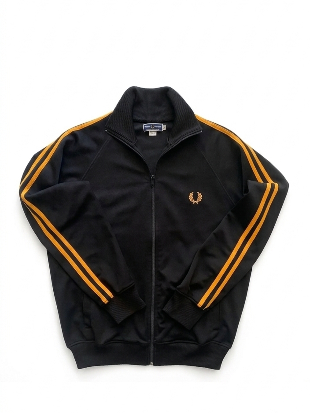 VINTAGE Fred Perry Black Track Jacket - Yellow Striped Taping - Made in Portugal
